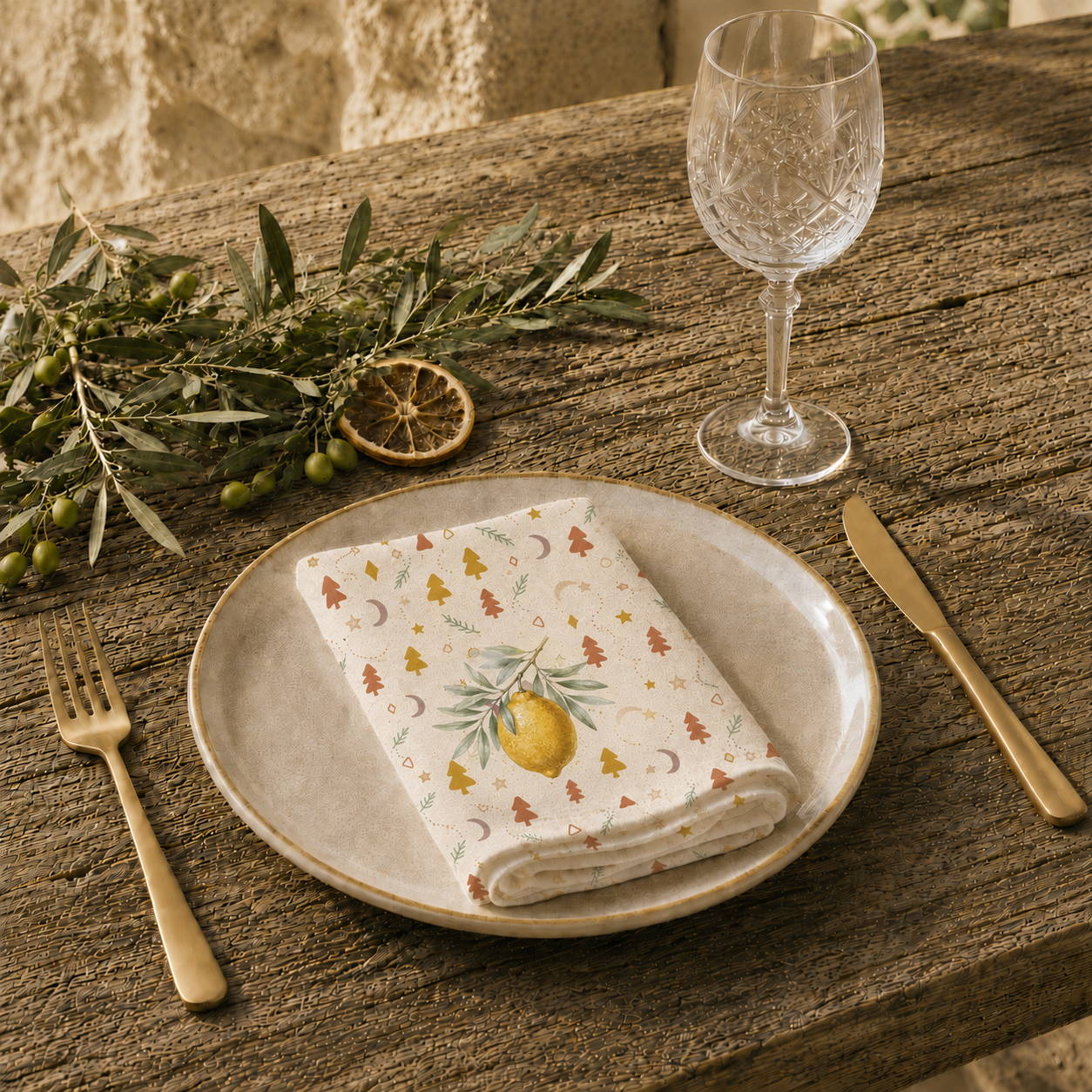 Lemon and pine Christmas napkin on a set table, the lemons and little Christmas trees in view