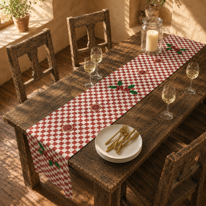Blood orange check Christmas table runner on a set table, the red check and cut orange in view