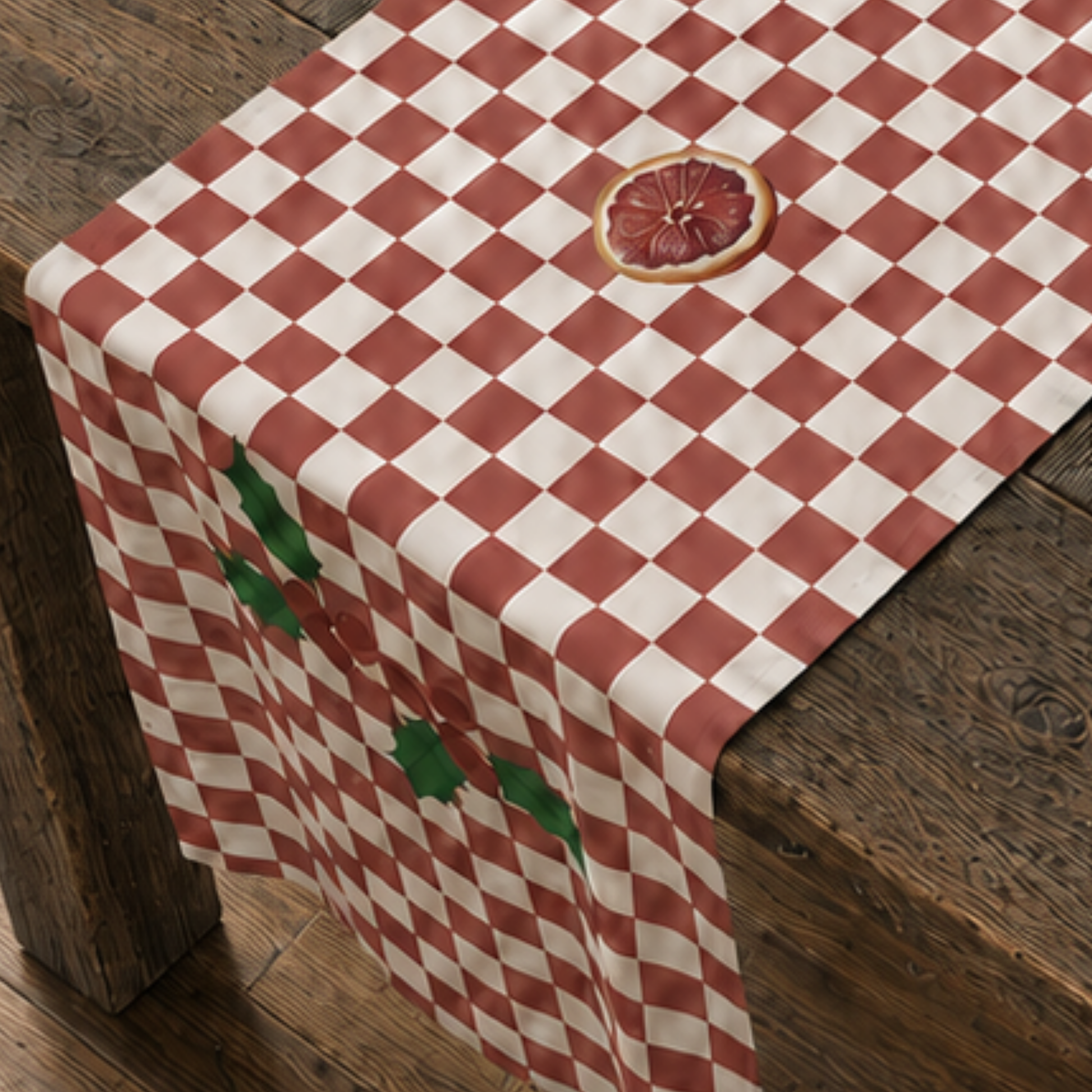 Blood orange check Christmas table runner down a table laid for Christmas dinner