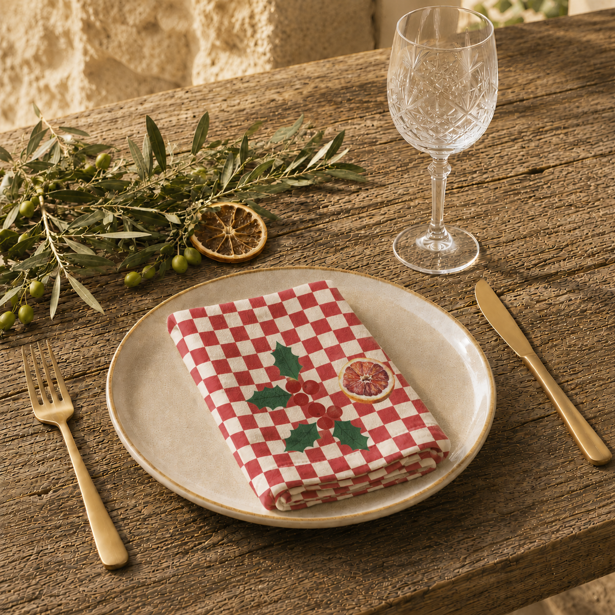 Blood orange check Christmas napkin on a set table, the red check and cut orange in view