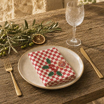 Blood orange check Christmas napkin on a set table, the red check and cut orange in view
