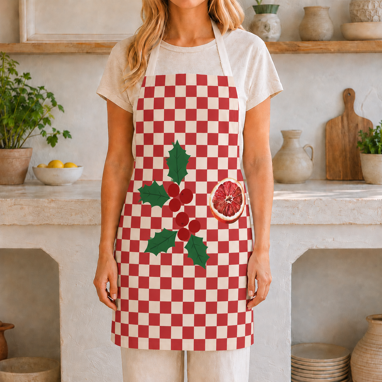 Blood orange check Christmas apron worn in a light Mediterranean kitchen