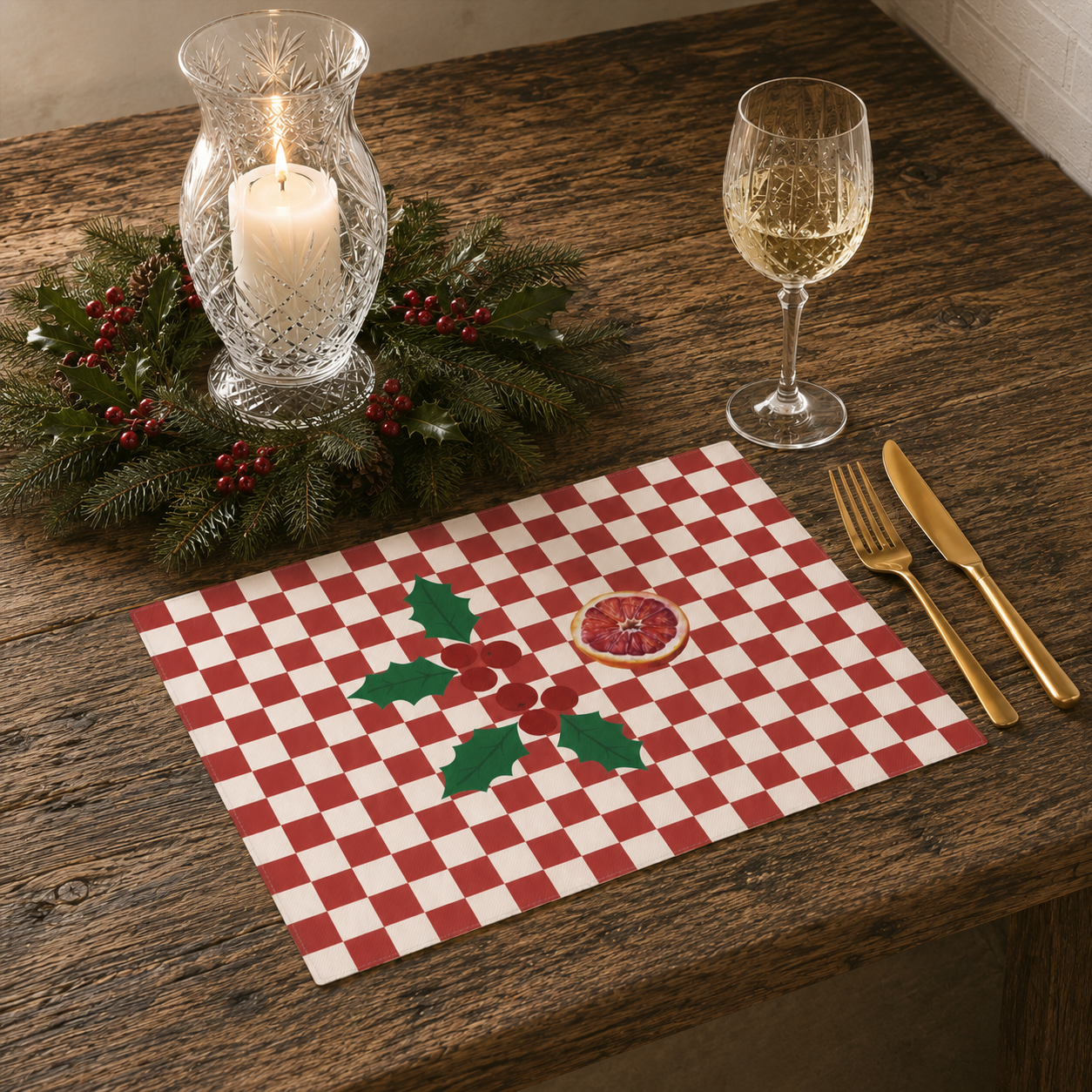 Blood orange check Christmas placemat on a table laid for Christmas dinner