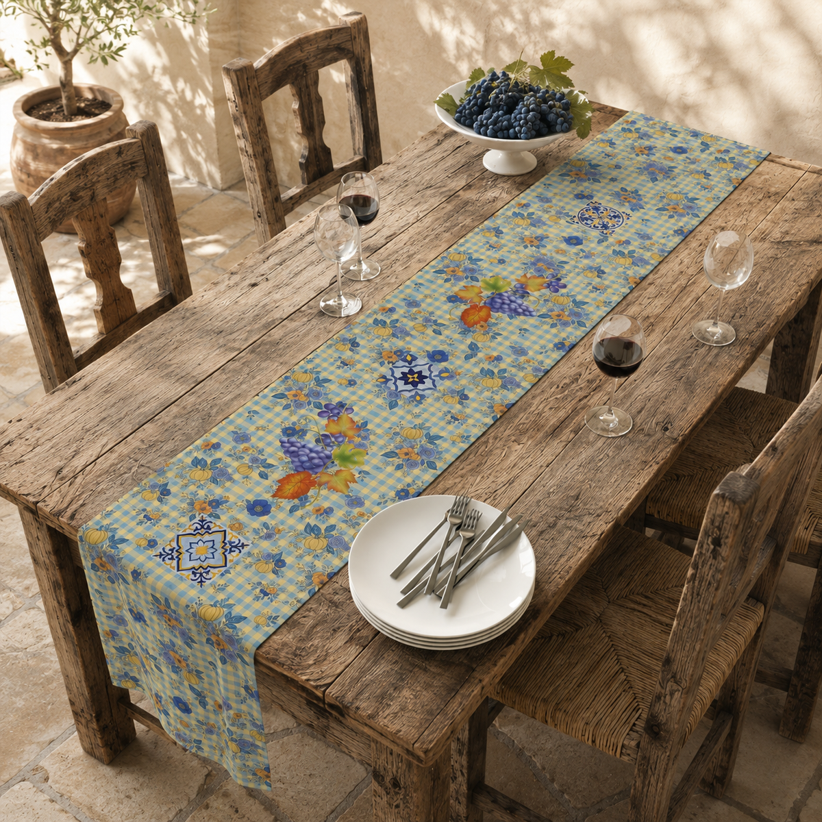 Grape & Pumpkin fall table runner, artwork of grapes, pumpkins and majolica tiles on blue gingham