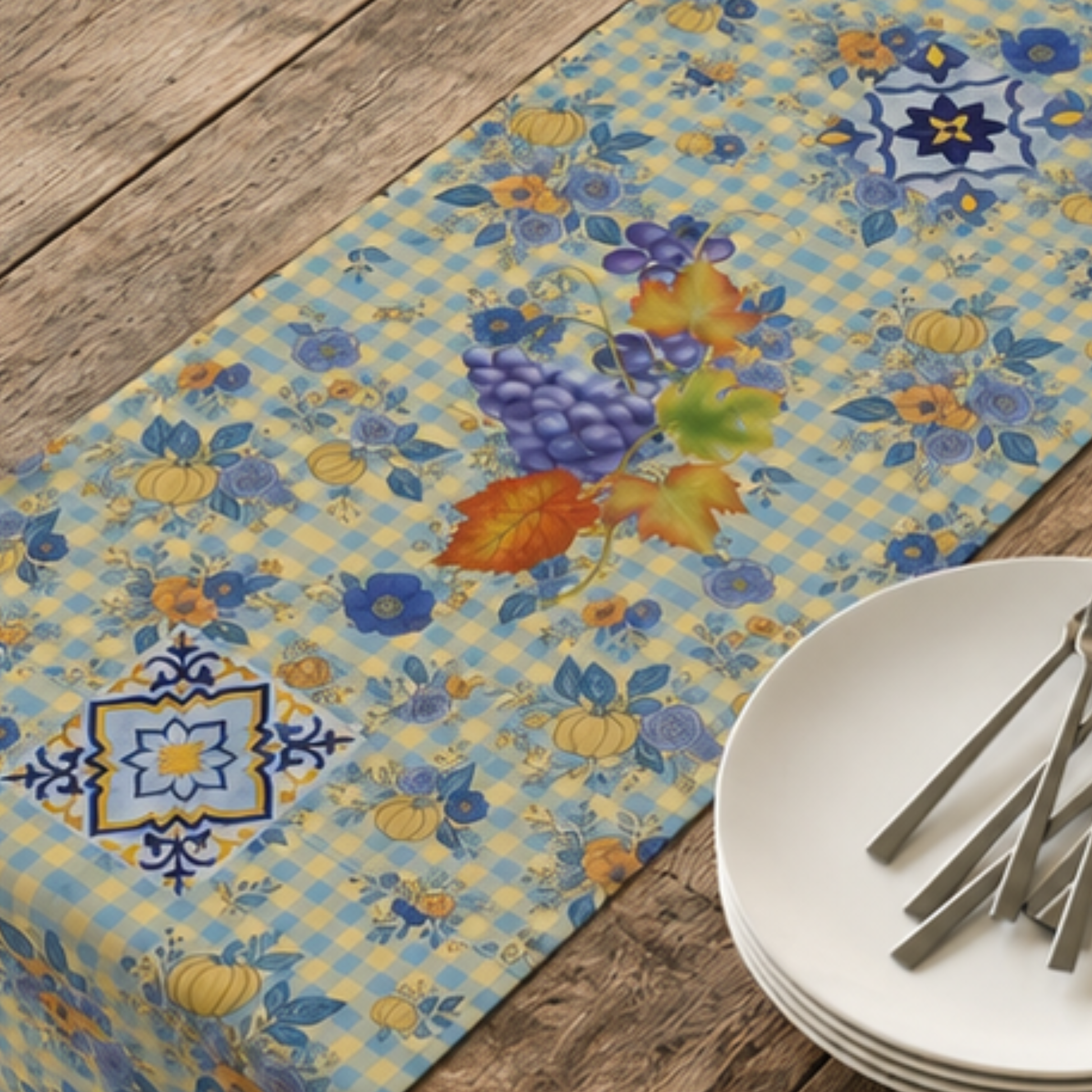 Grape & Pumpkin fall table runner, size options 16 by 72 and 16 by 90 inches