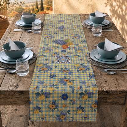 Grape & Pumpkin fall table runner, print detail with turning vine leaves, on a neutral background