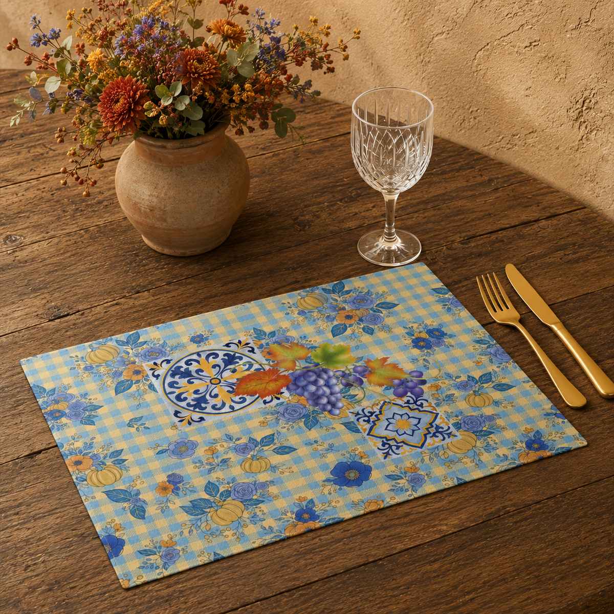 Grape & Pumpkin fall placemat, artwork of grapes, pumpkins and majolica tiles on blue gingham