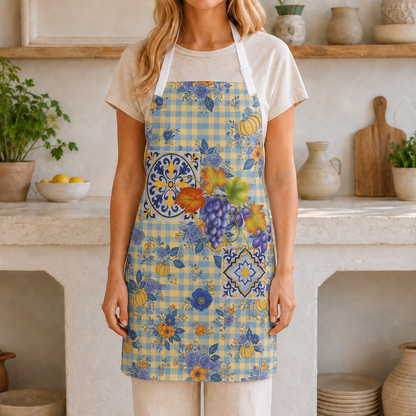 Grape & Pumpkin fall apron, artwork of grapes, pumpkins and majolica tiles on blue gingham