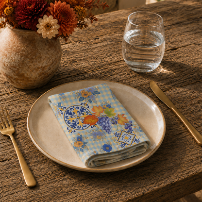 Grape & Pumpkin fall cloth napkin, print detail with turning vine leaves, on a neutral background