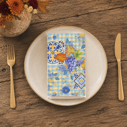 Grape & Pumpkin fall cloth napkin, artwork of grapes, pumpkins and majolica tiles on blue gingham
