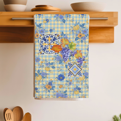 Grape & Pumpkin fall tea towel, artwork of grapes, pumpkins and majolica tiles on blue gingham