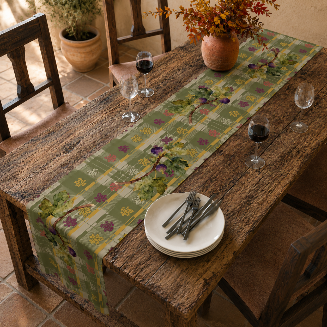 Fig & Maple fall table runner, artwork of figs and maple leaves on sage green tartan