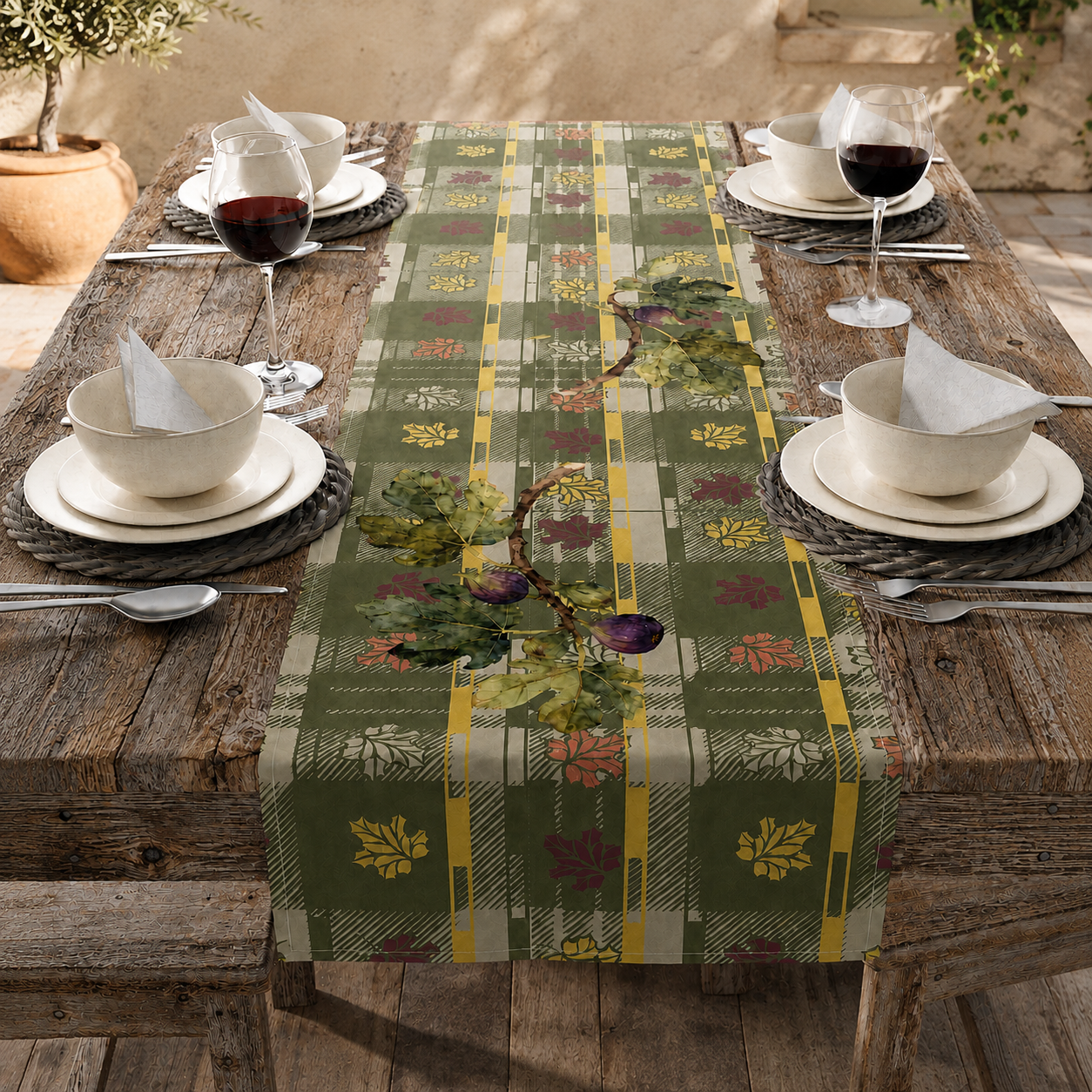 Fig & Maple fall table runner, print detail with the watercolour fig branch, on a neutral background