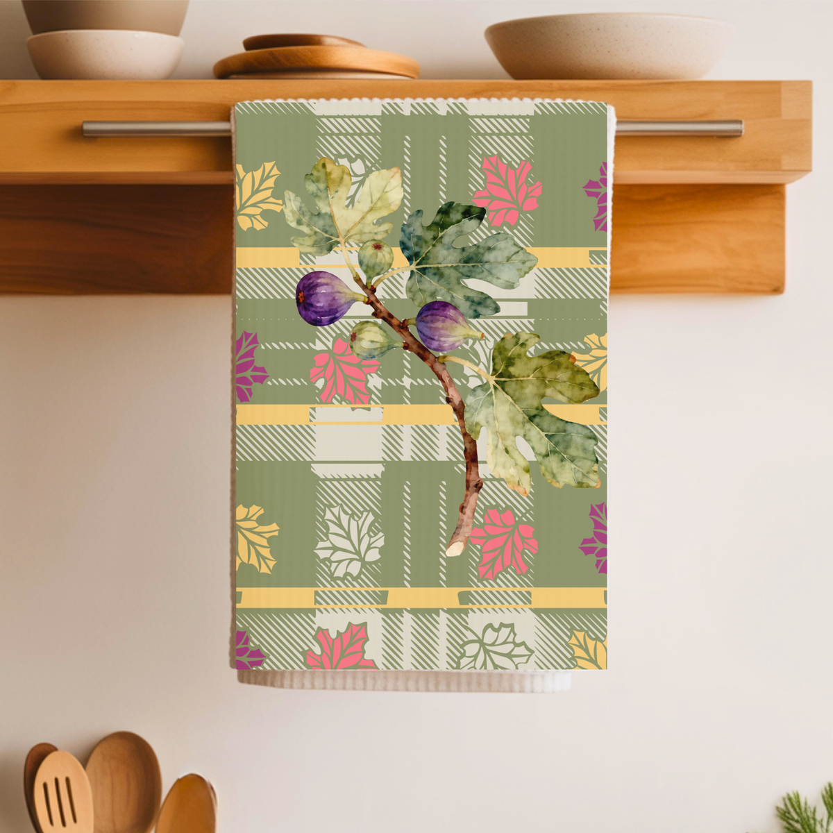 Fig & Maple fall tea towel, artwork of figs and maple leaves on sage green tartan