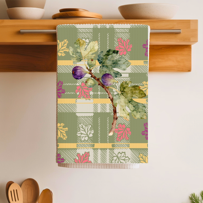 Fig & Maple fall tea towel, artwork of figs and maple leaves on sage green tartan