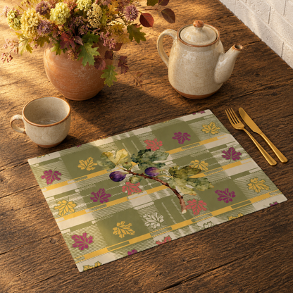 Fig & Maple fall placemat, artwork of figs and maple leaves on sage green tartan