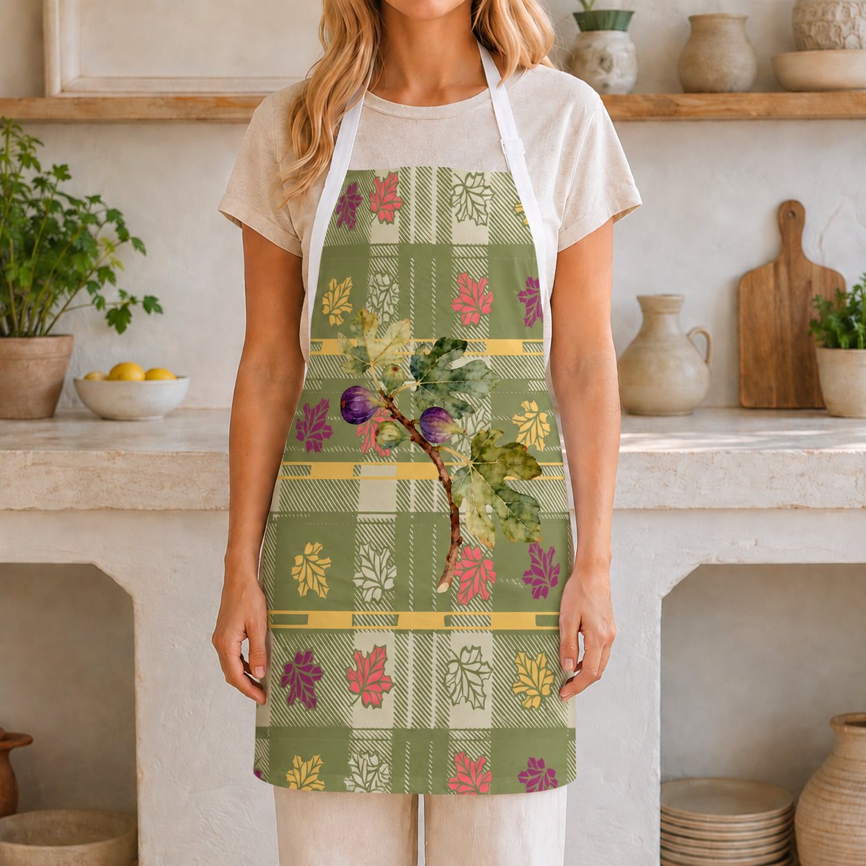 Fig & Maple fall apron, artwork of figs and maple leaves on sage green tartan