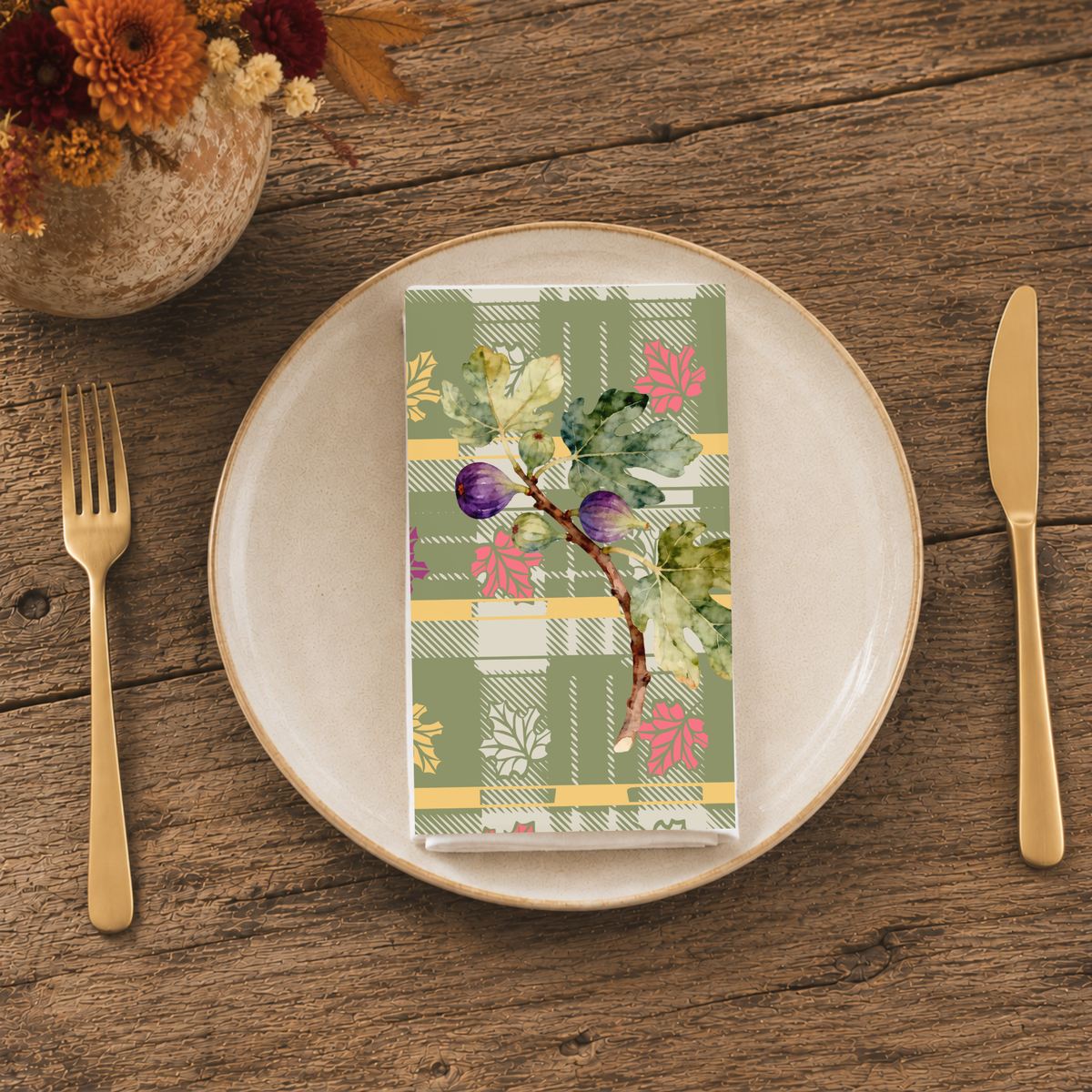 Fig & Maple fall cloth napkin, artwork of figs and maple leaves on sage green tartan