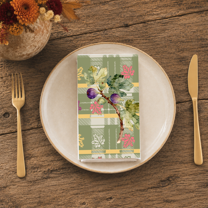 Fig & Maple fall cloth napkin, artwork of figs and maple leaves on sage green tartan