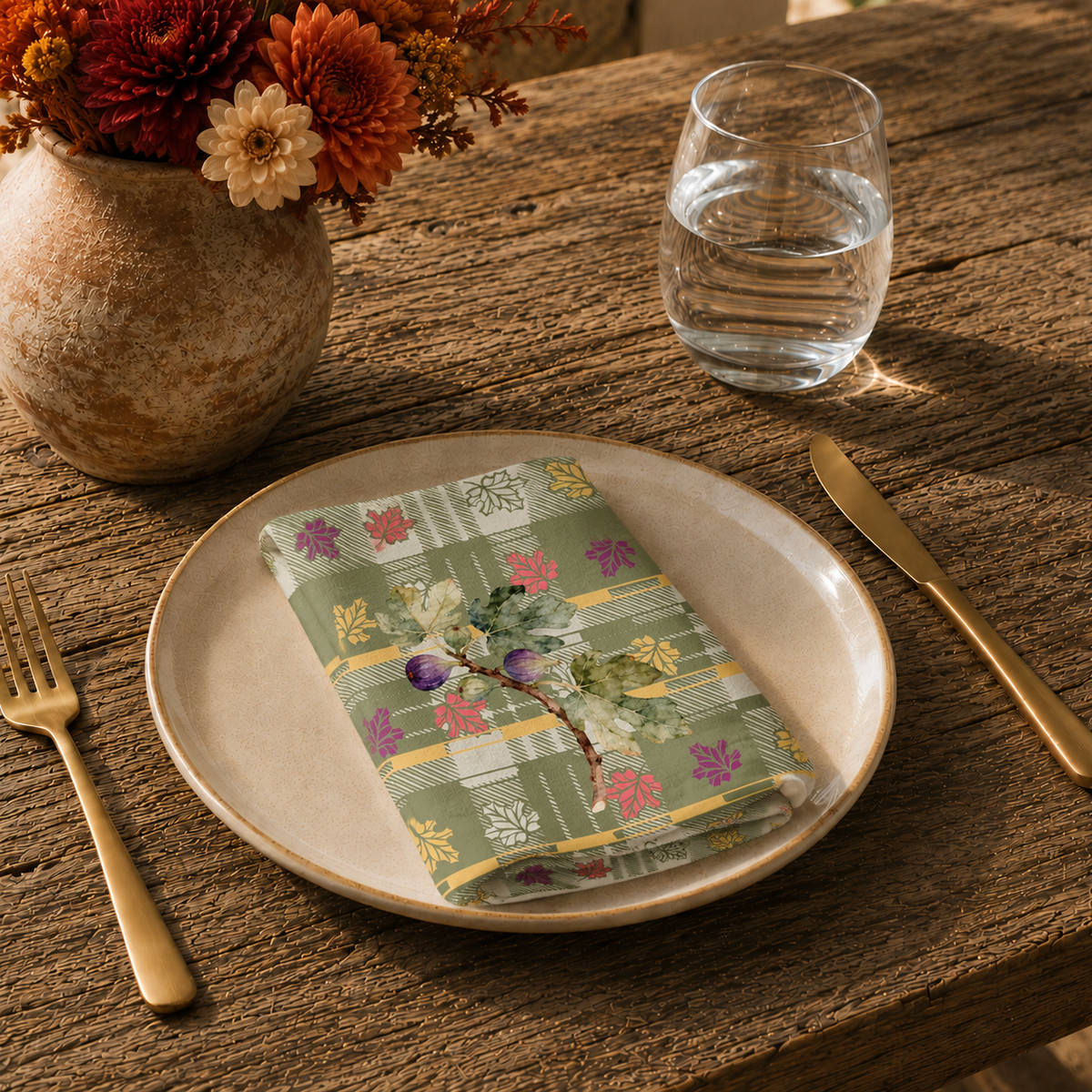 Fig & Maple fall cloth napkin, print detail with the watercolour fig branch, on a neutral background