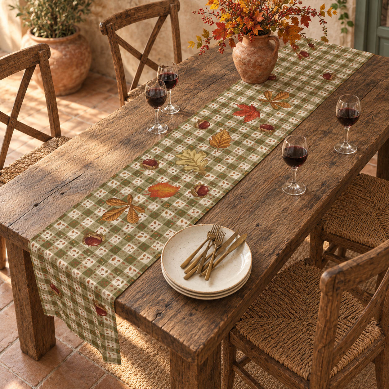Chestnut & Mushroom fall table runner, artwork detail of chestnuts and mushrooms on olive gingham, flat view
