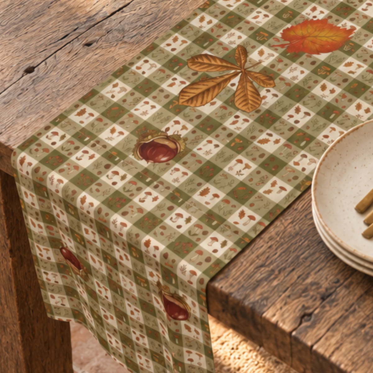 Chestnut & Mushroom fall table runner, 16 by 72 inch size shown on a dining table