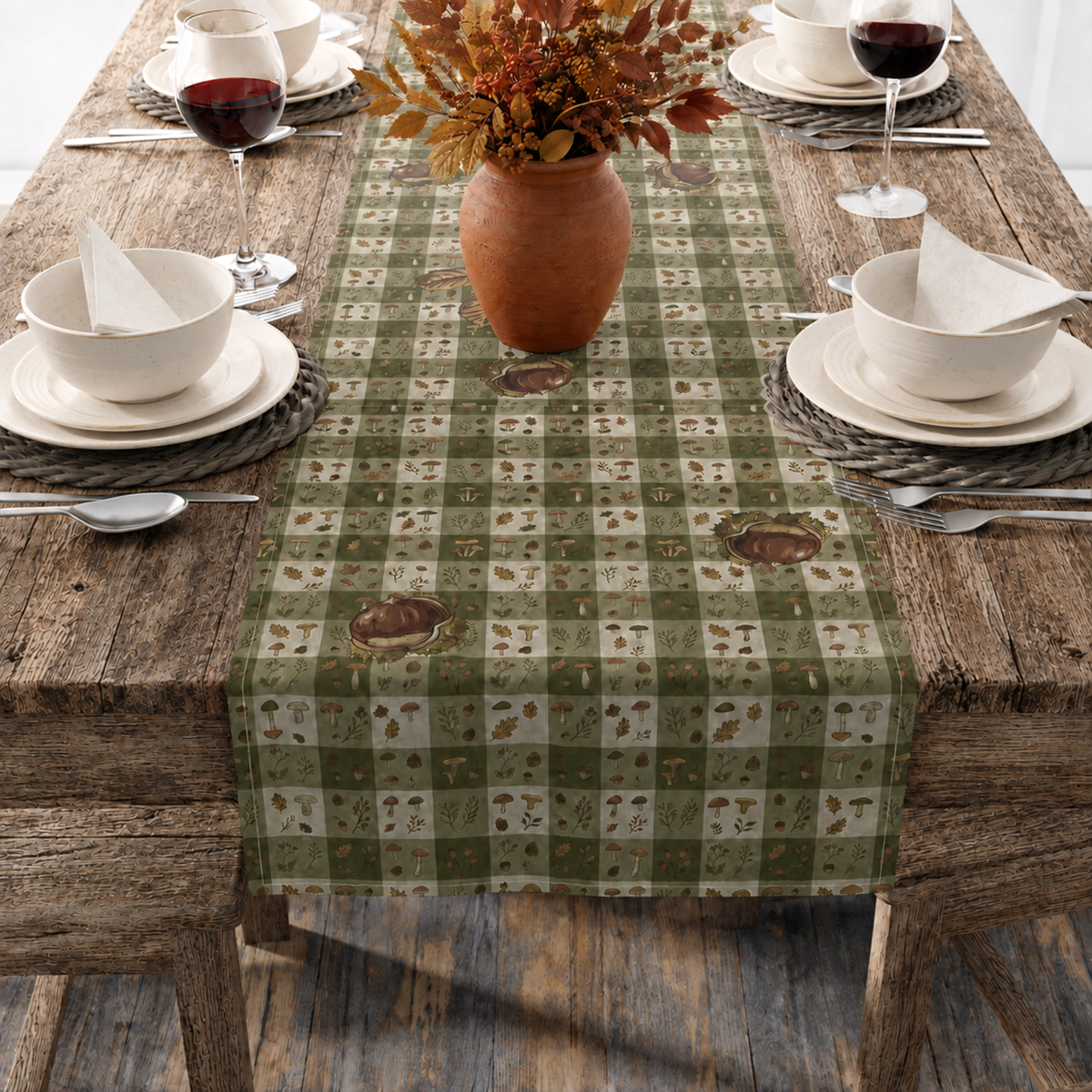 Chestnut & Mushroom fall table runner, 16 by 90 inch size shown on a long dining table
