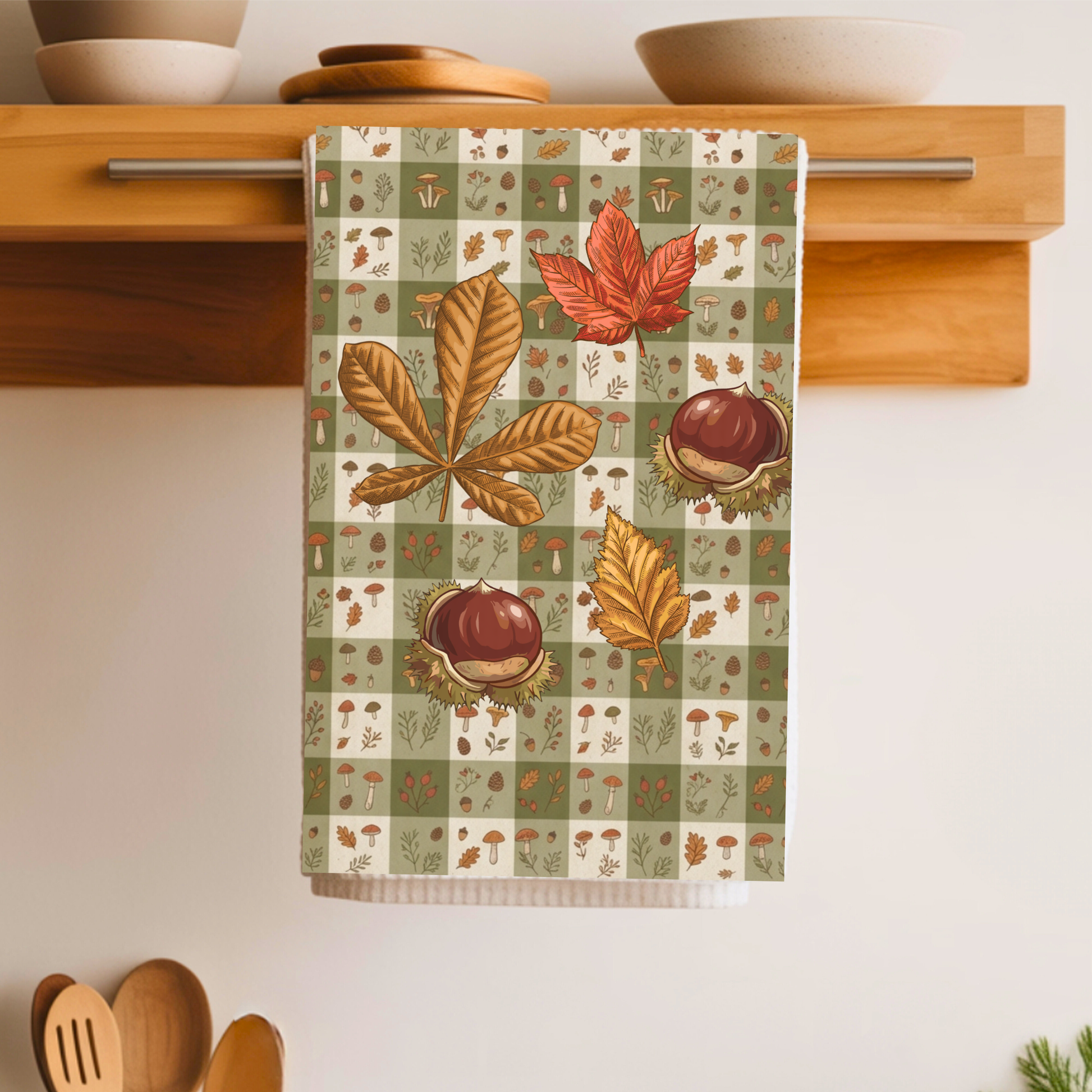 Chestnut & Mushroom fall tea towel, artwork detail of mushrooms and rosehips on olive gingham