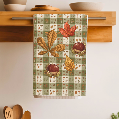 Chestnut & Mushroom fall tea towel, artwork detail of mushrooms and rosehips on olive gingham