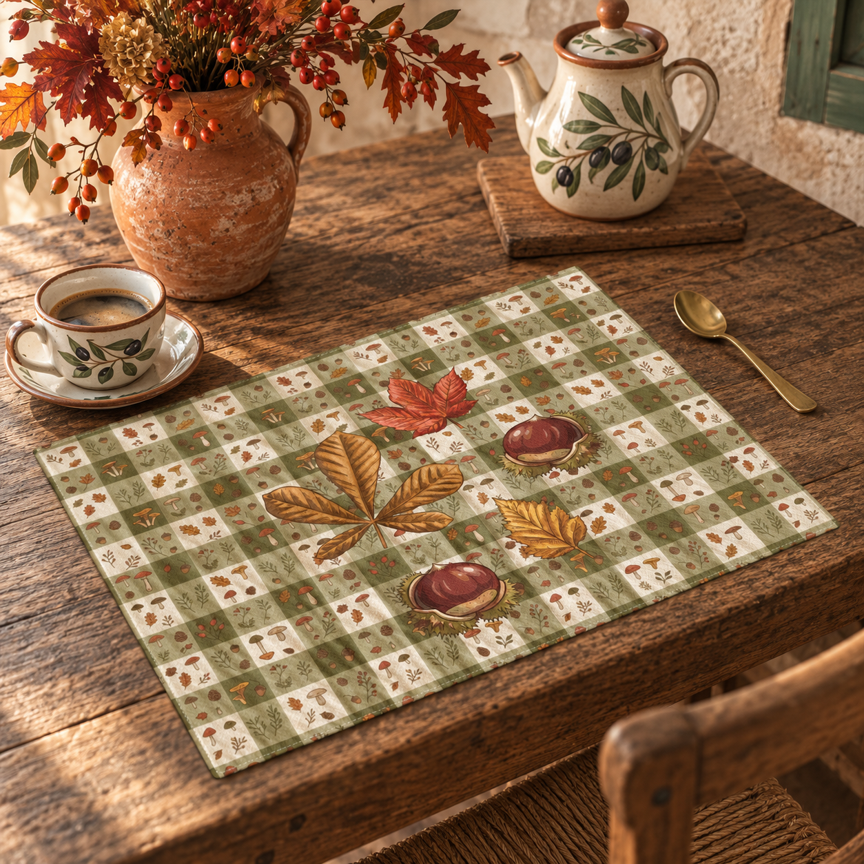 Chestnut & Mushroom fall placemat, artwork detail of pinecones and rosehips on olive gingham, flat view