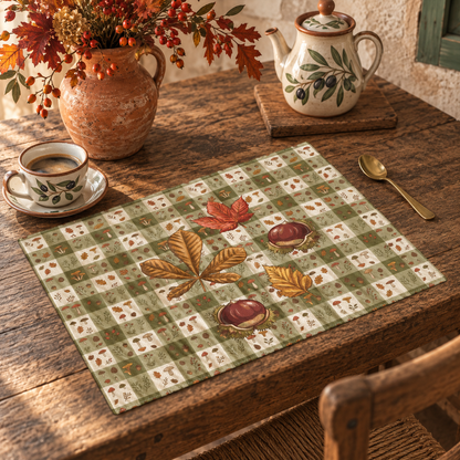 Chestnut & Mushroom fall placemat, artwork detail of pinecones and rosehips on olive gingham, flat view