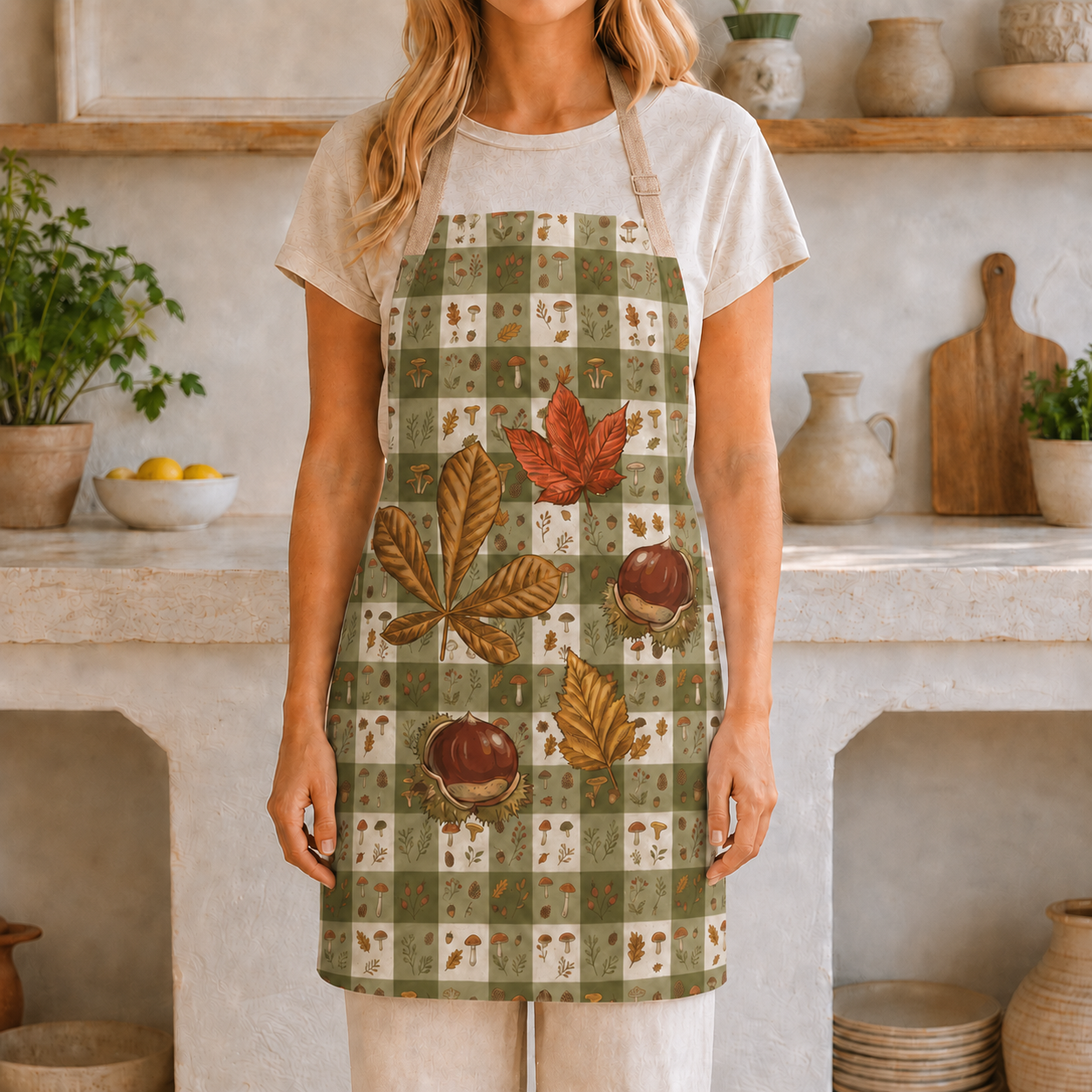Chestnut & Mushroom fall apron, acorns and autumn leaves on a green check, shown from the front