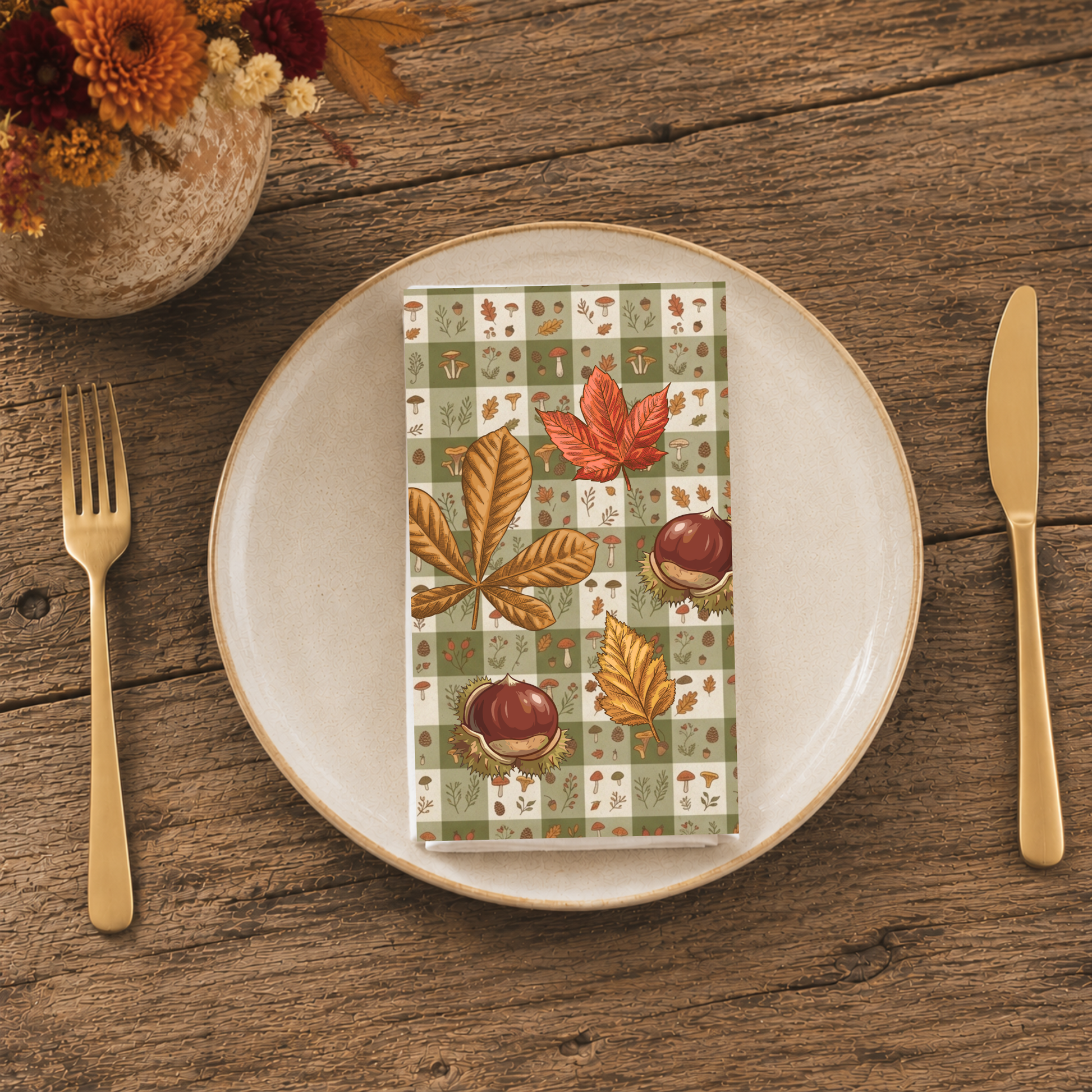 Chestnut & Mushroom fall cloth napkin, cocktail and dinner sizes shown side by side