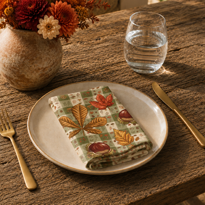 Chestnut & Mushroom fall cloth napkin, artwork detail of chestnuts and rosehips on olive gingham, flat view