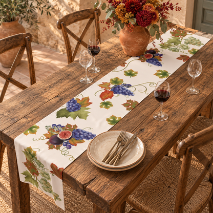 Fig & Grape fall table runner, artwork detail of figs, grapes and vine tendrils, flat view