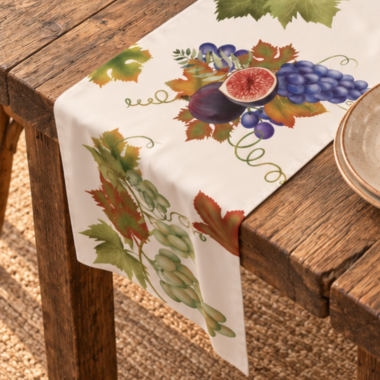 Fig & Grape fall table runner, 16 by 72 inch size shown on a dining table