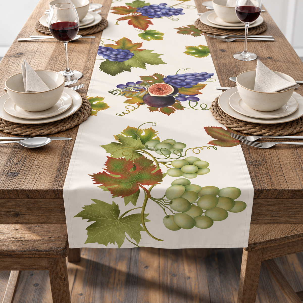 Fig & Grape fall table runner, 16 by 90 inch size shown on a long dining table