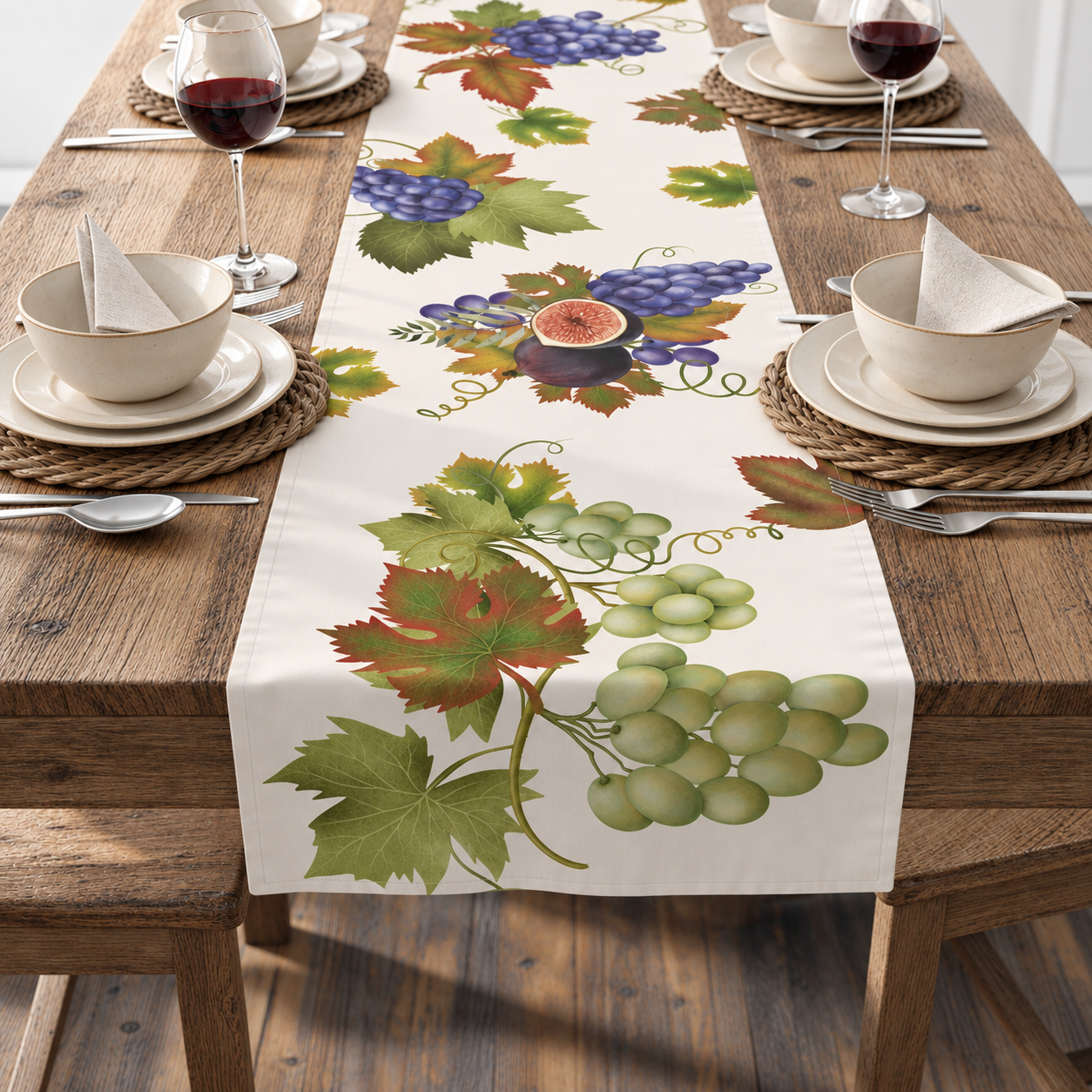 Fig & Grape fall table runner, 16 by 90 inch size shown on a long dining table