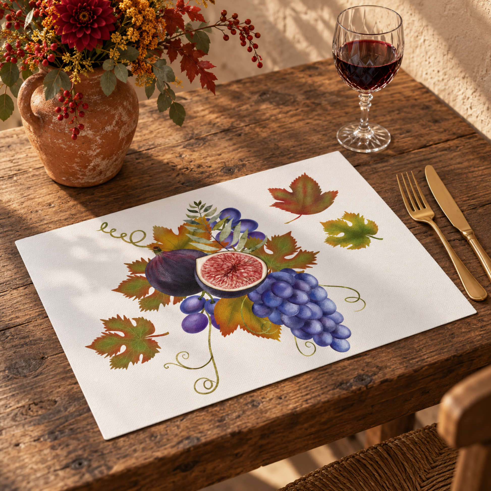 Fig & Grape fall placemat, artwork detail of figs and vine tendrils on cream, flat view