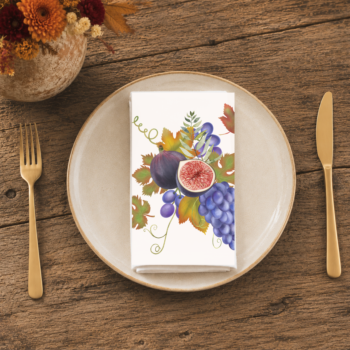 Fig & Grape fall cloth napkin, cocktail and dinner sizes shown side by side