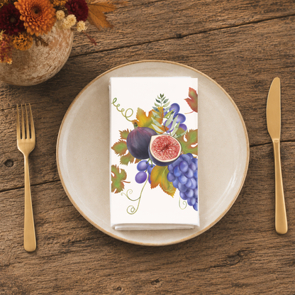 Fig & Grape fall cloth napkin, cocktail and dinner sizes shown side by side