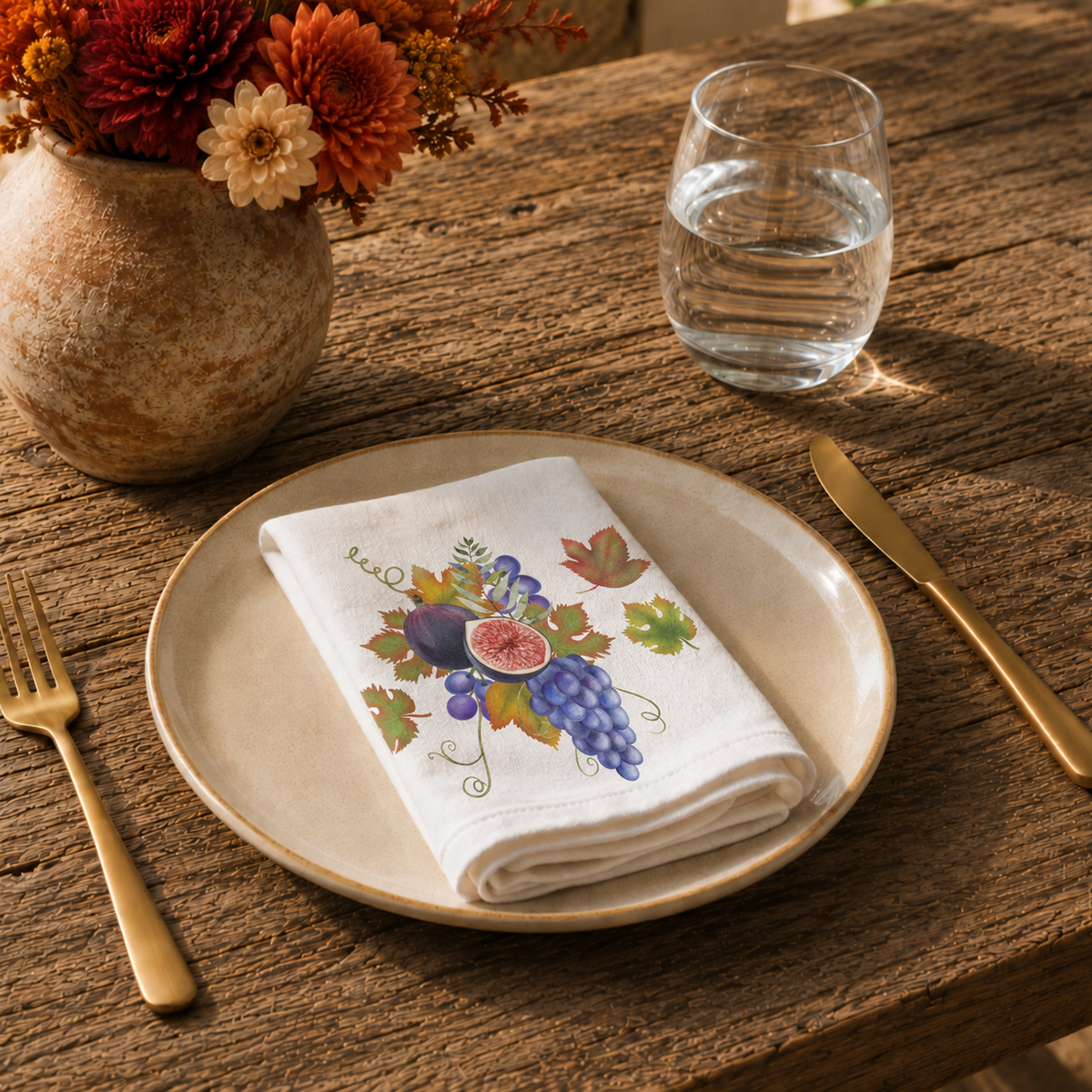 Fig & Grape fall cloth napkin, artwork detail of a halved fig on a cream ground, flat view