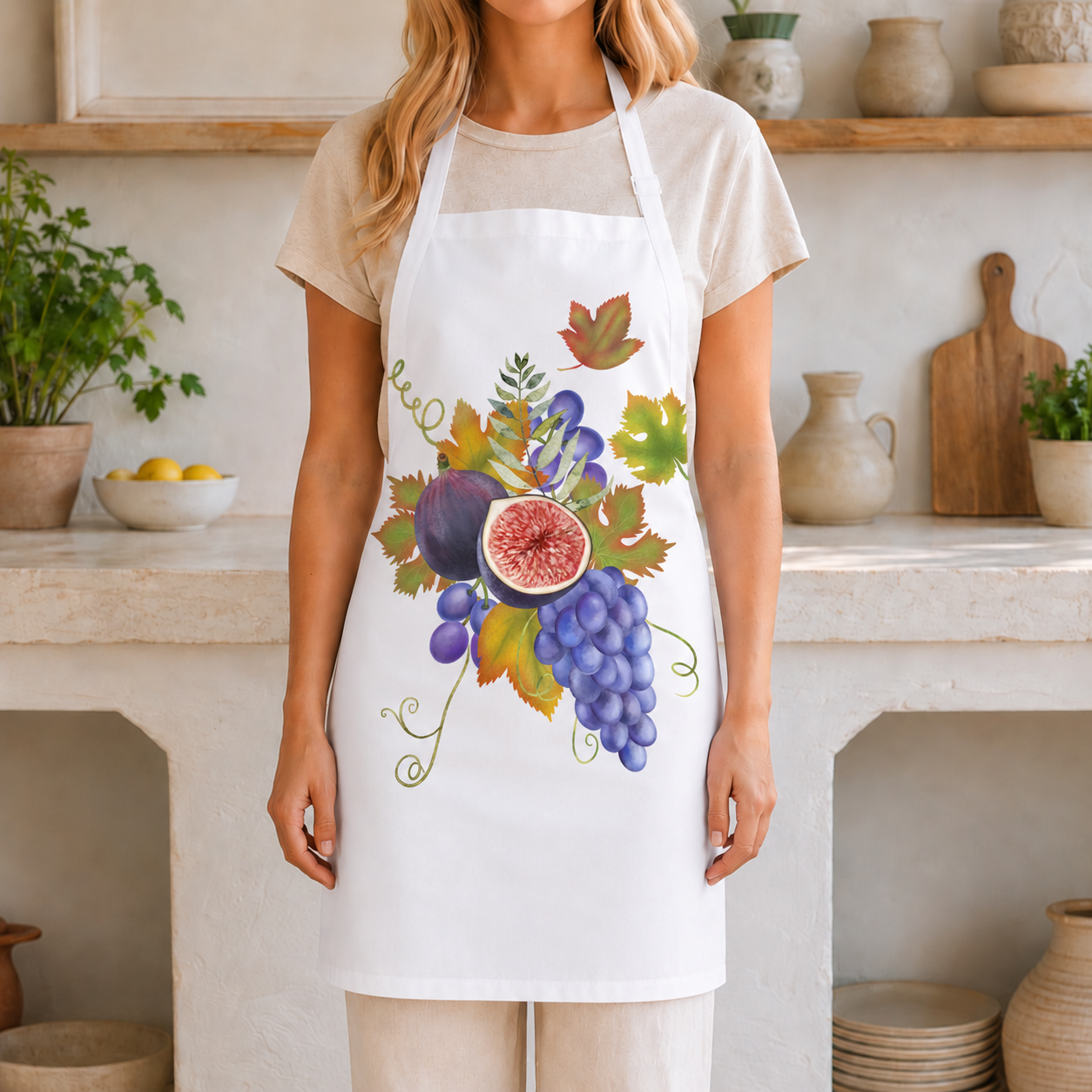 Fig & Grape fall apron, grapes and turning vine leaves on a cream ground, shown from the front