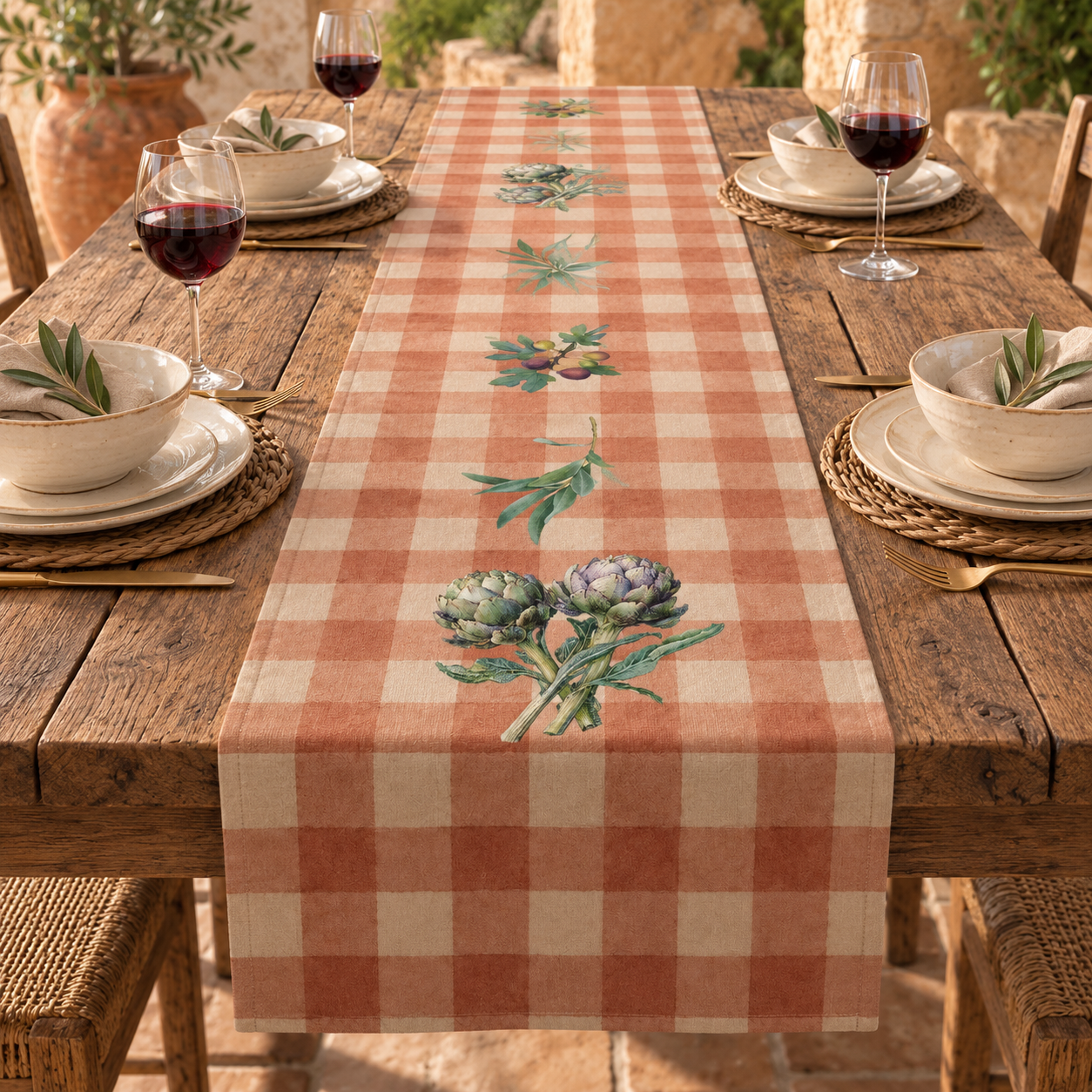Artichoke Gingham Table Runner — Terracotta Decor