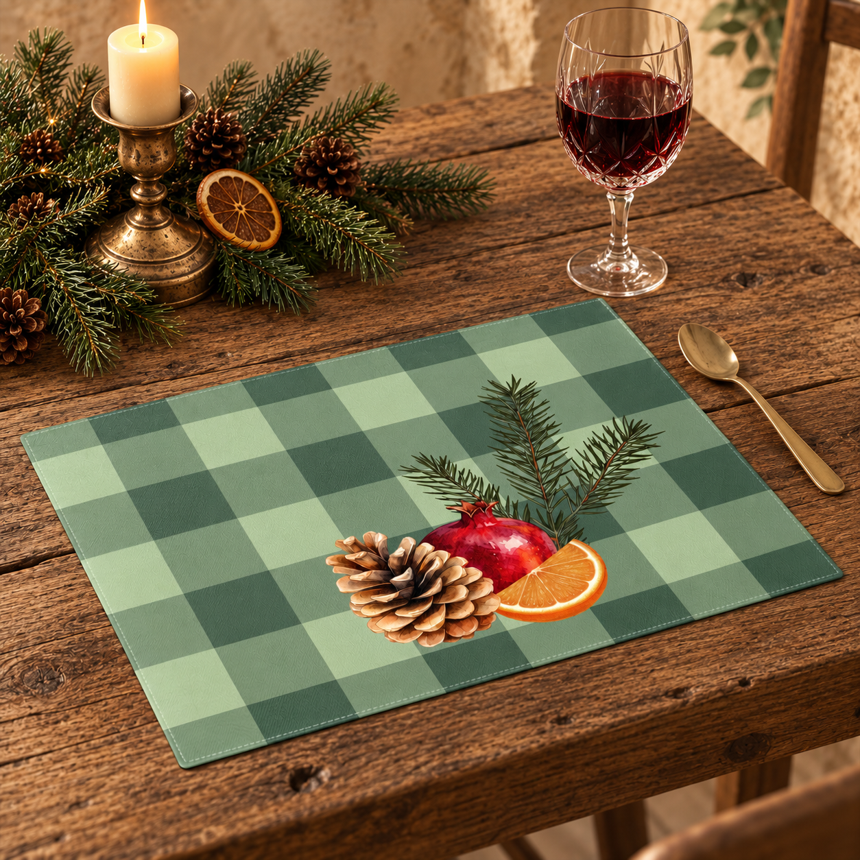 Pomegranate & Pine Gingham Christmas placemat, a pomegranate, pine cone, orange slice and gold star under a pine spray on a sage green gingham check