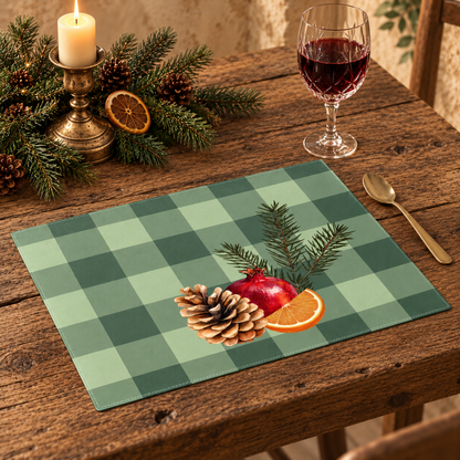 Pomegranate & Pine Gingham Christmas placemat, a pomegranate, pine cone, orange slice and gold star under a pine spray on a sage green gingham check