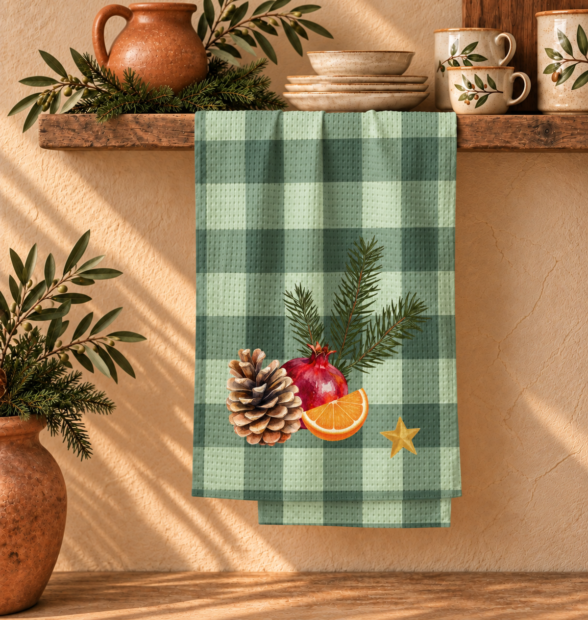 Pomegranate & Pine Gingham Christmas tea towel, a pomegranate, pine cone, orange slice and gold star under a pine spray on a sage green gingham check