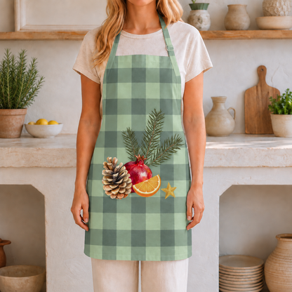 Pomegranate & Pine Gingham Christmas apron, a pomegranate, pine cone, orange slice and gold star under a pine spray on a sage green gingham check
