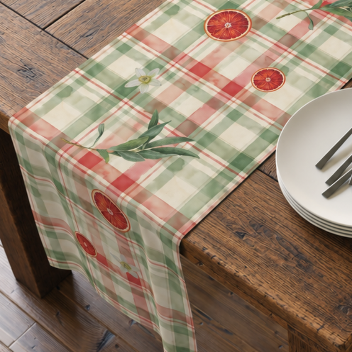 Close-up of the Blood Orange & Olive Plaid Christmas table runner print, cut blood oranges and a white orange blossom on the plaid