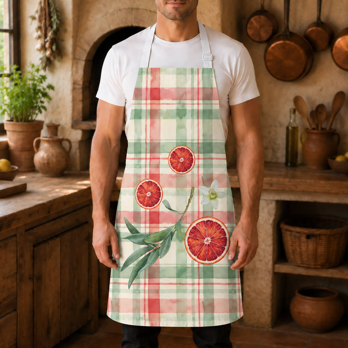 Blood Orange & Olive Plaid Christmas apron worn by a man, front view, blood oranges and olive on red and sage green plaid